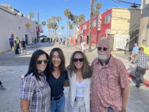 Mitzi Roberts, the real life inspiration for Renée Ballard, the amazing Maggie Q who IS Renée Ballard, and our fabulous director Jet Wilkinson. Day one! Shooting on Venice Beach.